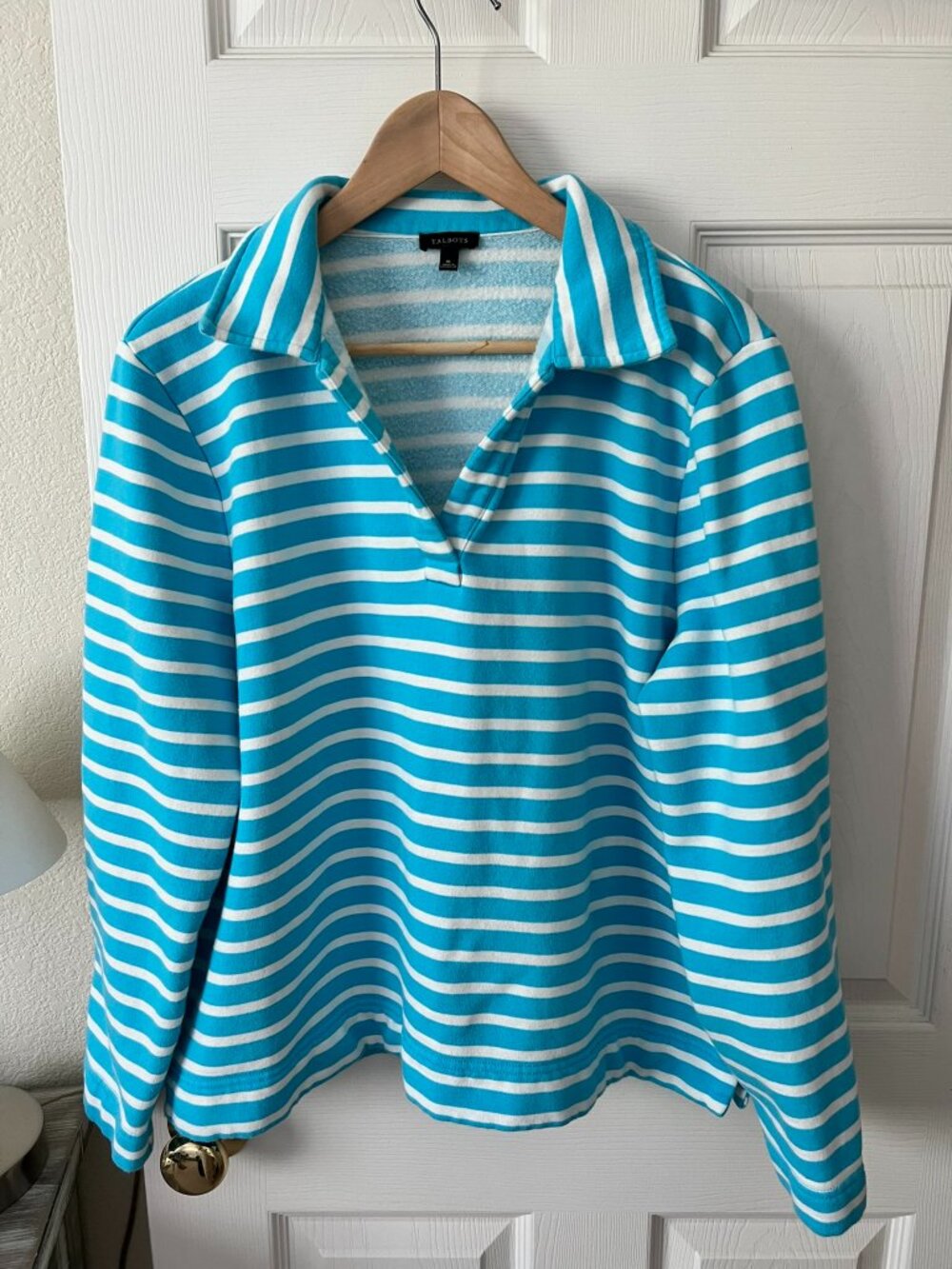 Talbots XL Aqua White Coastal Striped Pullover Top Nautical Beachy Preppy
